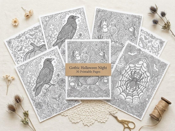 Gothic Halloween Coloring Book, Printable Adult Coloring Pages, Spooky Night Stress Relief PDF, Digital Download · CB-14