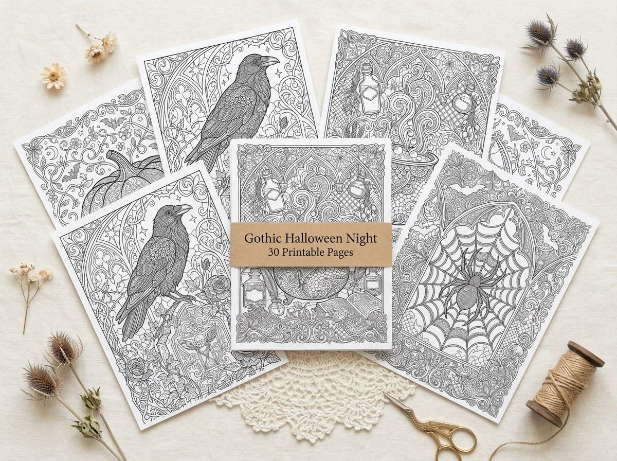 Gothic Halloween Coloring Book, Printable Adult Coloring Pages, Spooky Night Stress Relief PDF, Digital Download · CB-14