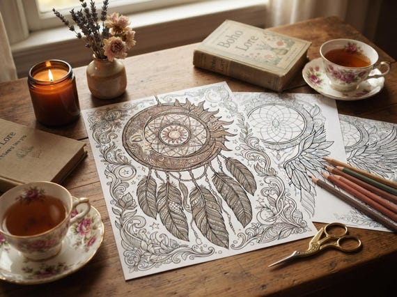 Boho Dreamcatchers & Feathers Coloring Book, Printable Adult Coloring Pages, Stress Relief PDF, Digital Download · CB-19 view 6