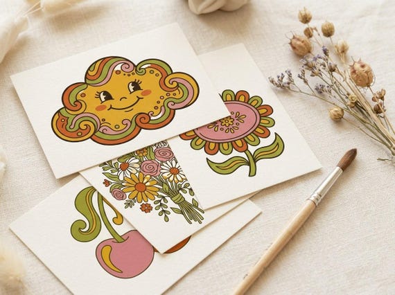 Retro Groovy Wildflower Clipart, 30 Transparent PNG, Commercial Use, Sublimation POD, Digital Download view 5