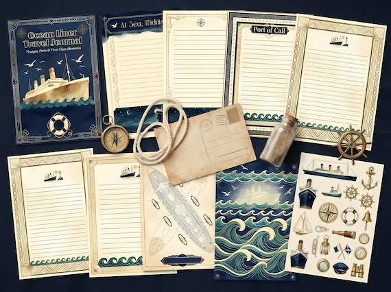 Ocean Liner Junk Journal Kit, Printable Vintage Cruise Ship Journal Pages, Art Deco Travel Ephemera, Nautical Tags, Digital Downloa · JK-077 view 5