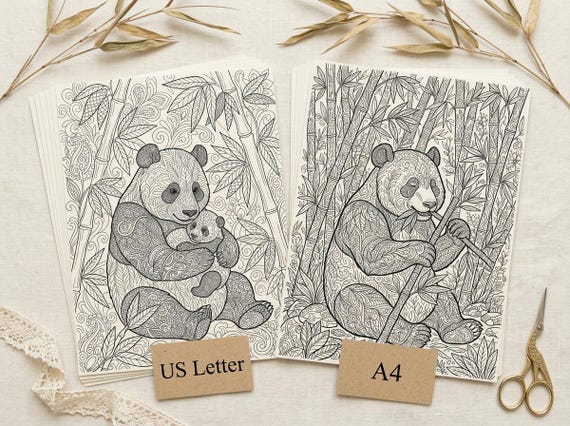 Giant Pandas & Bamboo Coloring Book, Printable Adult Coloring Pages, Bamboo Forest Stress Relief PDF, Digital Download view 5