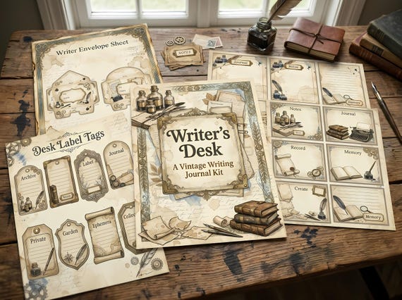 Writer's Desk Junk Journal Kit, Printable Vintage Writing Journal Pages, Manuscript Ephemera, Ink Bottle Fussy Cuts, Digital Do · JK-030 view 2