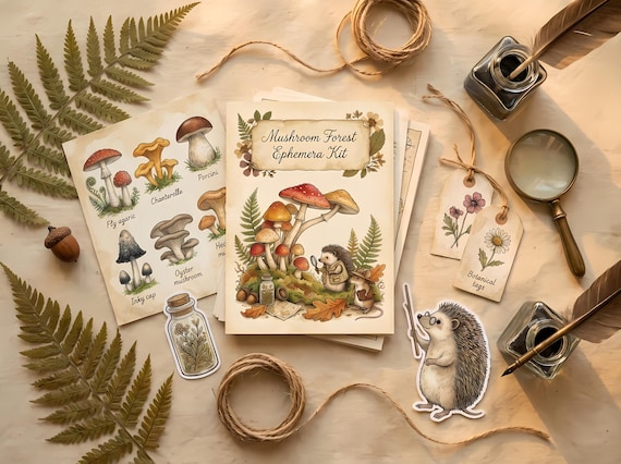 Mushroom Forest Ephemera Kit, Printable Botanical Journal Pages, Cottagecore Field Notes, Tags, Specimen Cards, Fussy Cuts · JK-005