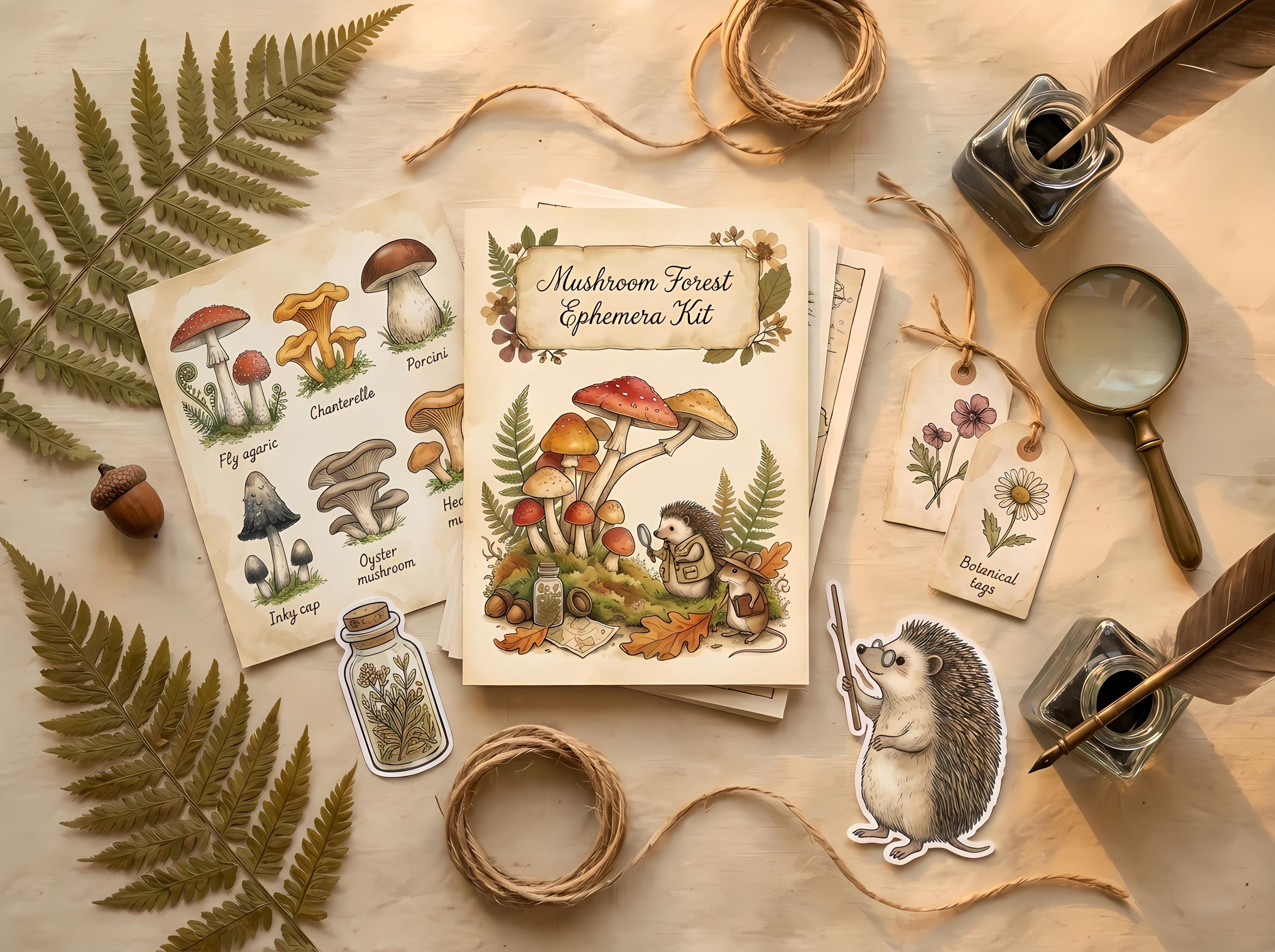 Mushroom Forest Ephemera Kit, Printable Botanical Journal Pages, Cottagecore Field Notes, Tags, Specimen Cards, Fussy Cuts · JK-005