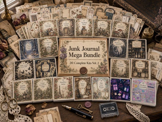 SAVE 50%<< Printable Junk Journal Kit MEGA BUNDLE Vol. 2 — 20 Complete Journal Kits, Vintage Botanical Aesthetic, Digital Download · J view 3