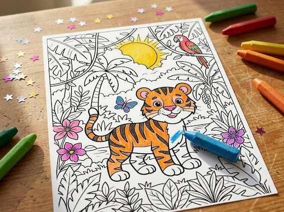 Jungle Animals Kids Coloring Book, 30 Printable Coloring Pages for Ages 4-8, Boys and Girls Activity PDF, Digital Download view 2