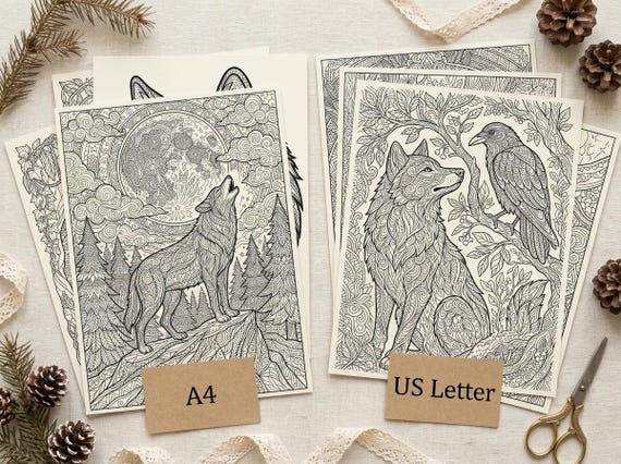 Wolves & Moonlit Wilderness Coloring Book, Printable Adult Coloring Pages, Wolf Nature Stress Relief PDF, Digital Download view 6