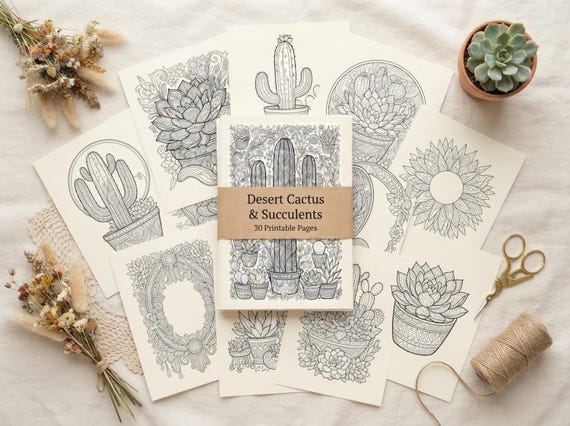 Desert Cactus & Succulents Coloring Book, Printable Adult Coloring Pages, Desert Cactus Stress Relief PDF, Digital Download · CB-24