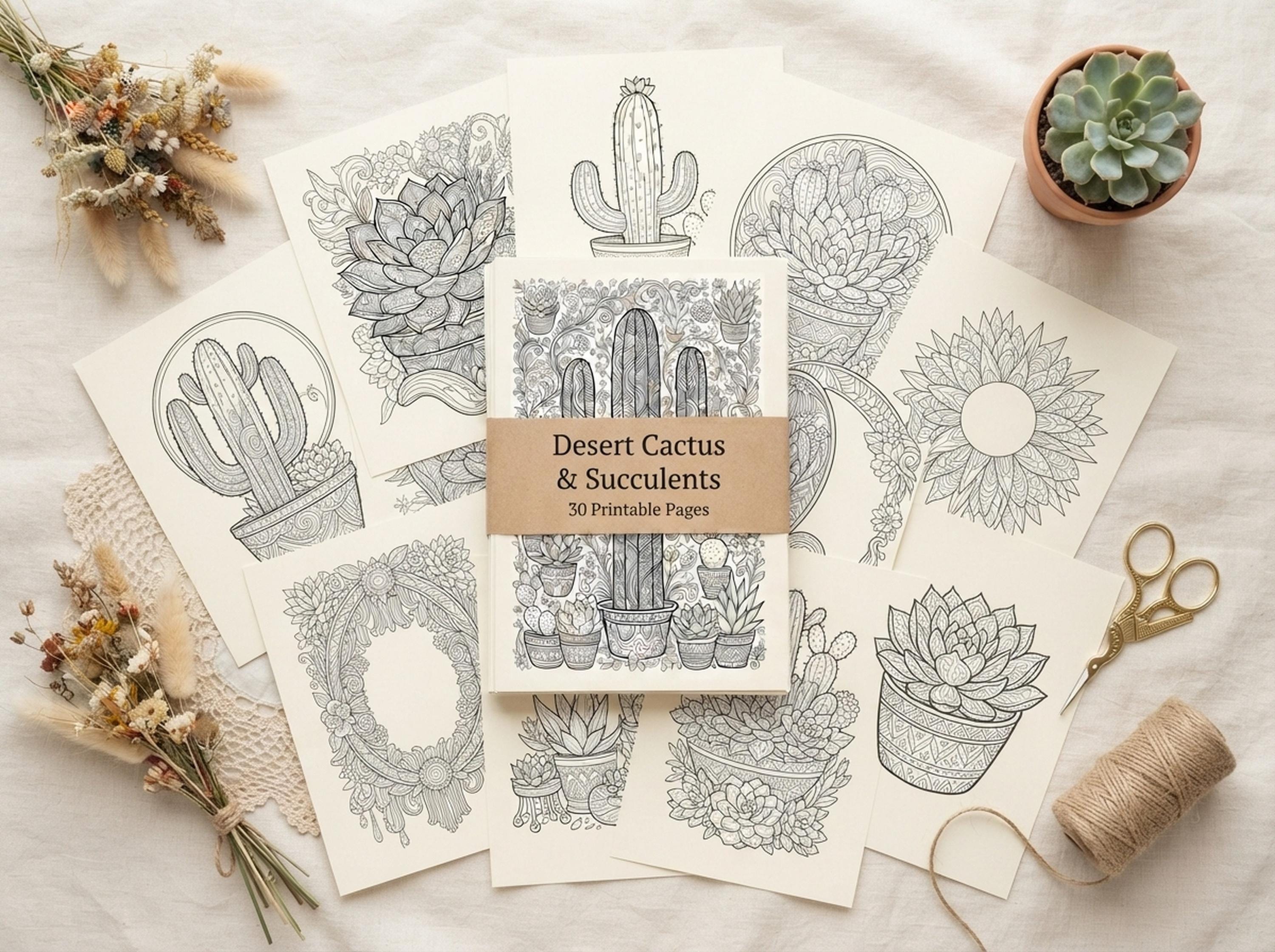 Desert Cactus & Succulents Coloring Book, Printable Adult Coloring Pages, Desert Cactus Stress Relief PDF, Digital Download · CB-24