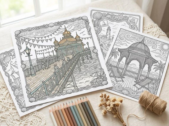 Vintage Seaside Summer Coloring Book, Printable Adult Coloring Pages, Vintage Seaside Stress Relief PDF, Digital Download · CB-17 view 5