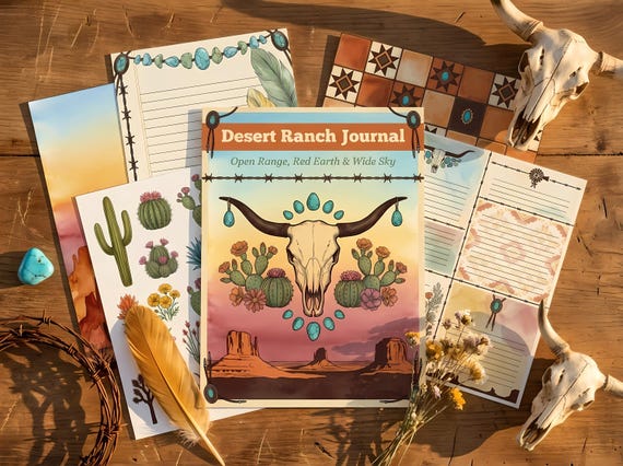 Western Desert Ranch Journal Kit — Printable Junk Journal, Longhorn Skull, Adobe Tile, Cowboy Journal Pages · JK-072