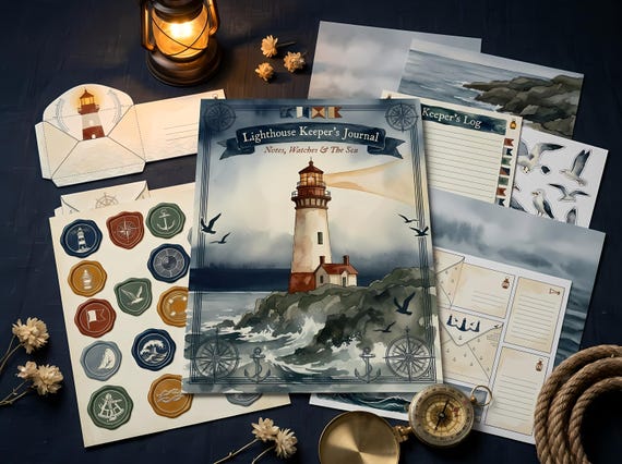 Lighthouse Junk Journal Kit, Printable Coastal Journal Pages, Nautical Maritime Ephemera, Signal Flag Tags, Digital Download · JK-085