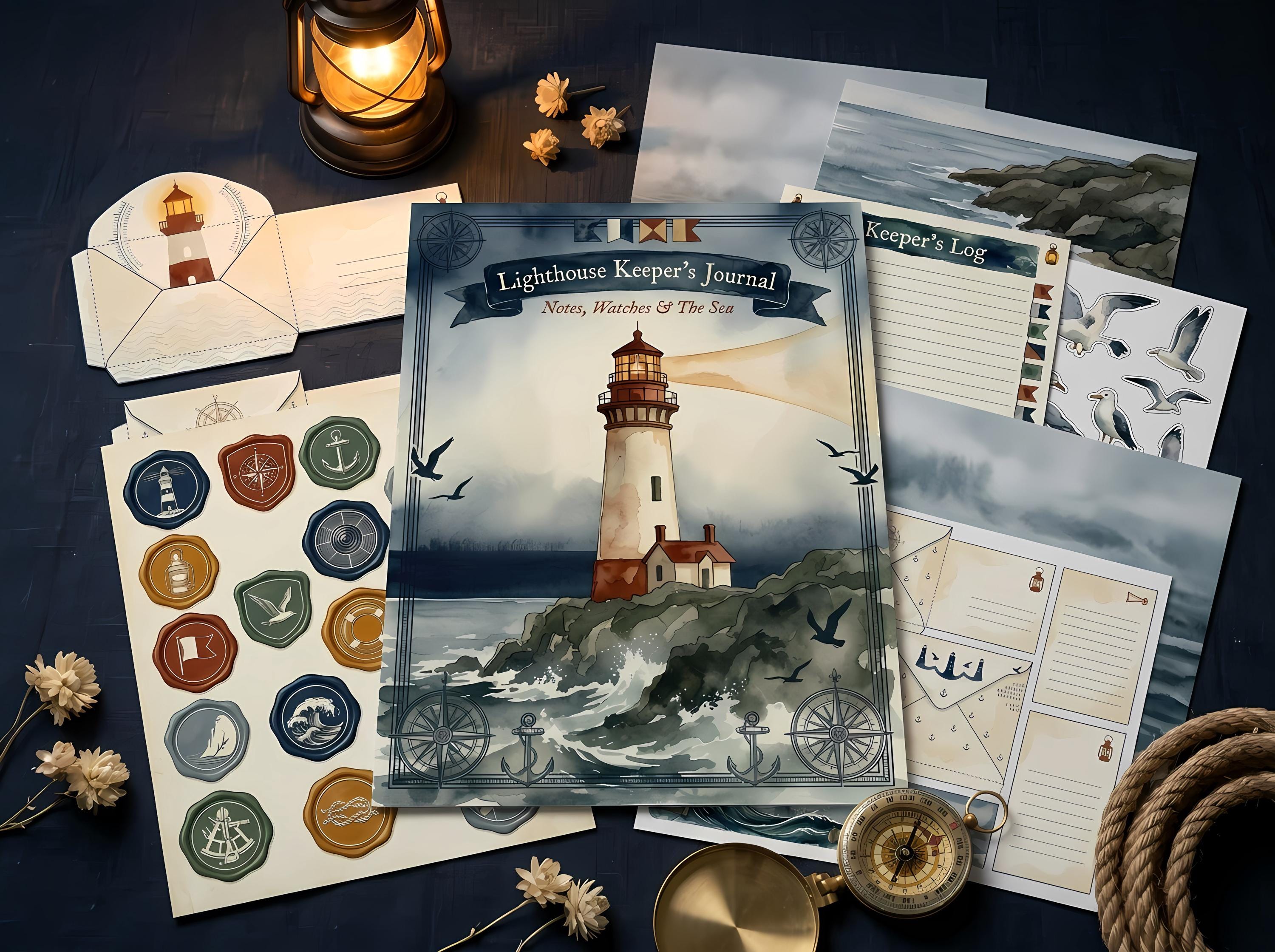 Lighthouse Junk Journal Kit, Printable Coastal Journal Pages, Nautical Maritime Ephemera, Signal Flag Tags, Digital Download · JK-085