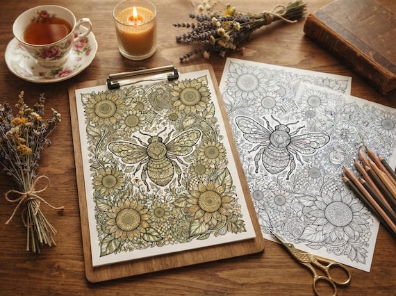 Bees & Sunflowers Coloring Book, Printable Adult Coloring Pages, Golden Bees And Sunflowers Stress Relief PDF, Digital Download · CB-42 view 6