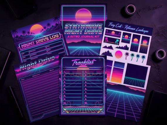 Synthwave Night Drive Junk Journal Kit, Printable Retrowave Journal Pages, Neon Grid Ephemera, Chrome Fussy Cuts, Digital Download · JK-048