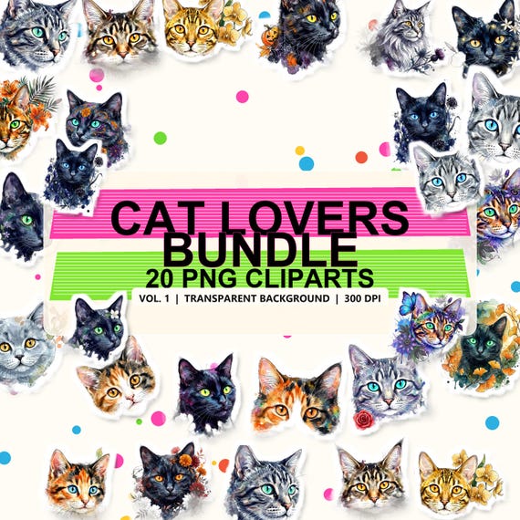 Watercolor Cats Clipart Vol. 1 — 20 Watercolor PNG Clipart, Transparent Background, 300 DPI, Digital Download, Commercial Use
