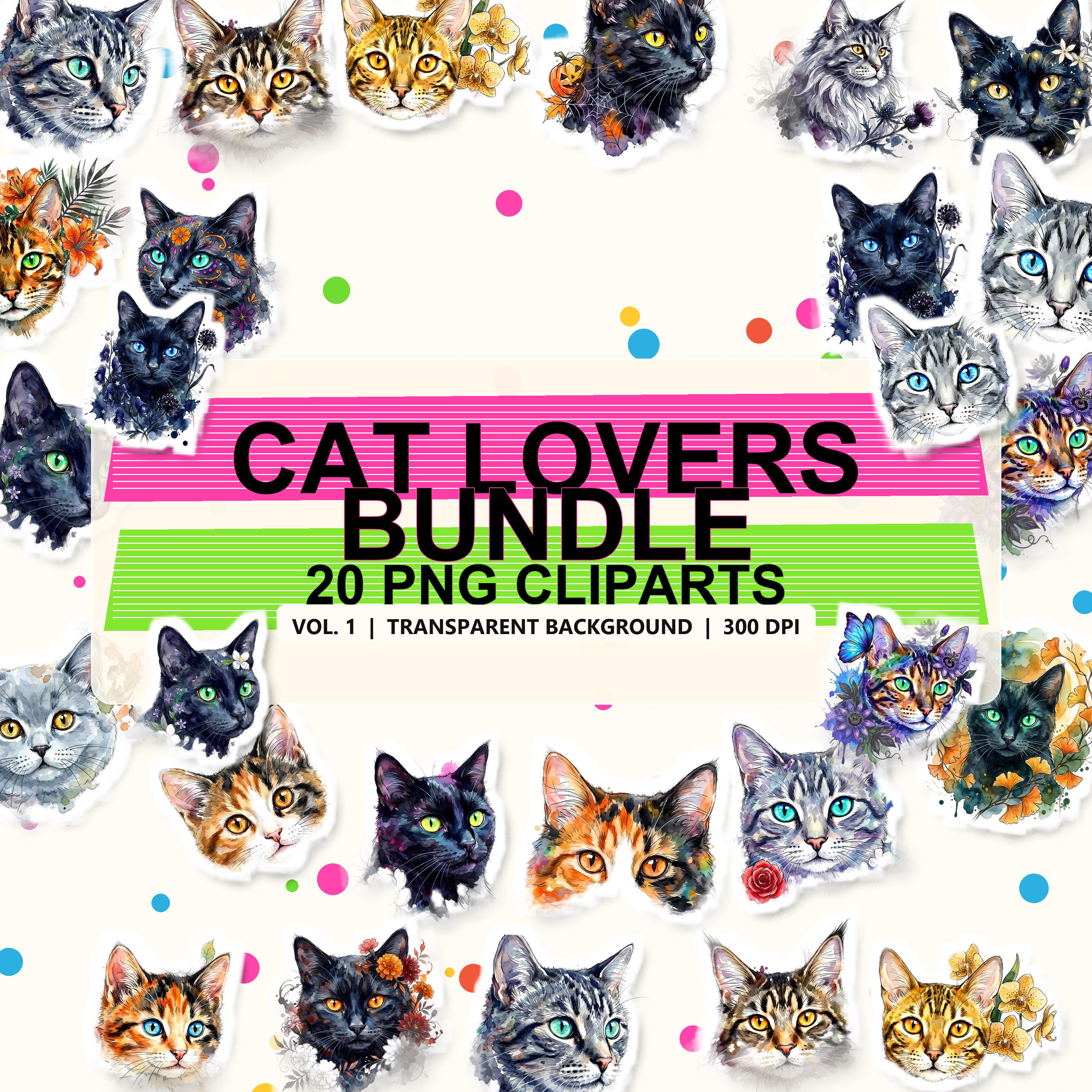 Watercolor Cats Clipart Vol. 1 — 20 Watercolor PNG Clipart, Transparent Background, 300 DPI, Digital Download, Commercial Use