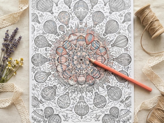 Whimsical Hot Air Balloons Coloring Book, Printable Adult Coloring Pages, Stress Relief PDF, Digital Download · CB-28 view 7