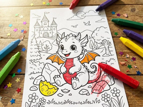 Dragons, Castles & Knights Kids Coloring Book, 30 Printable Coloring Pages for Ages 4-8, Boys and Girls Activity PDF, Digital Download view 4