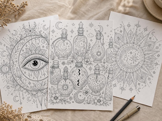Mystical Moon and Stars Coloring Book, Printable Adult Coloring Pages, Celestial Stress Relief PDF, Digital Download · CB-04 view 3