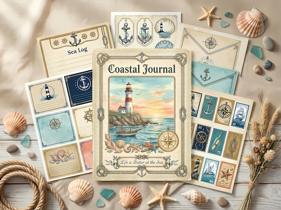 Coastal Nautical Junk Journal Kit, Printable Beach Journal Pages, Seaside Ephemera, Lighthouse Tags, Digital Download · JK-056 view 2