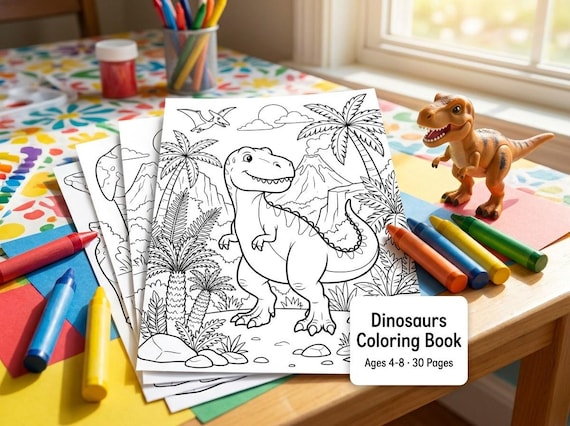 Dinosaurs Kids Coloring Book, 30 Printable Coloring Pages for Ages 4-8, Boys and Girls Activity PDF, Digital Download view 4