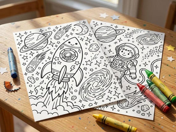 Space Kids Coloring Book, 30 Printable Coloring Pages for Ages 4-8, Boys and Girls Activity PDF, Digital Download view 2