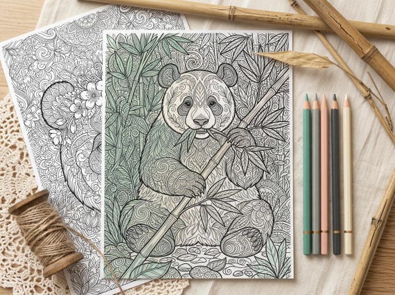 Giant Pandas & Bamboo Coloring Book, Printable Adult Coloring Pages, Bamboo Forest Stress Relief PDF, Digital Download view 4