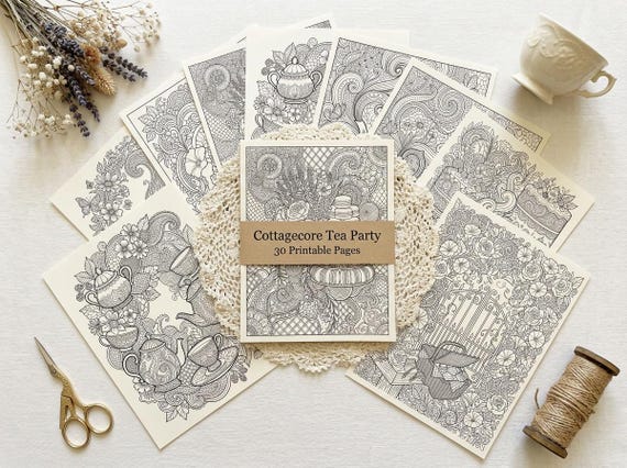 Cottagecore Tea Party Coloring Book, Printable Adult Coloring Pages, Cottagecore Tea Party Stress Relief PDF, Digital Download · CB-25
