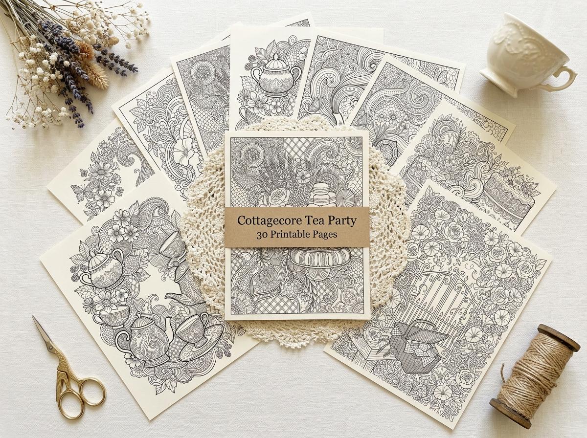 Cottagecore Tea Party Coloring Book, Printable Adult Coloring Pages, Cottagecore Tea Party Stress Relief PDF, Digital Download · CB-25
