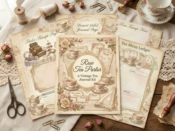 Rose Tea Parlor Junk Journal Kit, Printable Cottagecore Tea Journal Pages, Dessert Ephemera, Teacup Tags, Fussy Cuts · JK-023 view 3