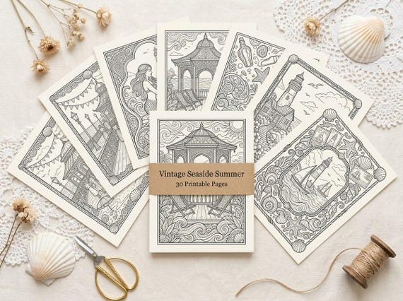 Vintage Seaside Summer Coloring Book, Printable Adult Coloring Pages, Vintage Seaside Stress Relief PDF, Digital Download · CB-17