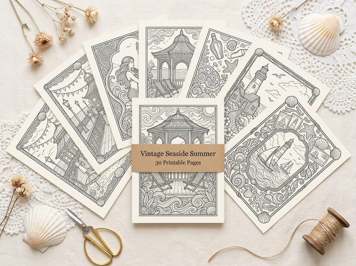 Vintage Seaside Summer Coloring Book, Printable Adult Coloring Pages, Vintage Seaside Stress Relief PDF, Digital Download · CB-17