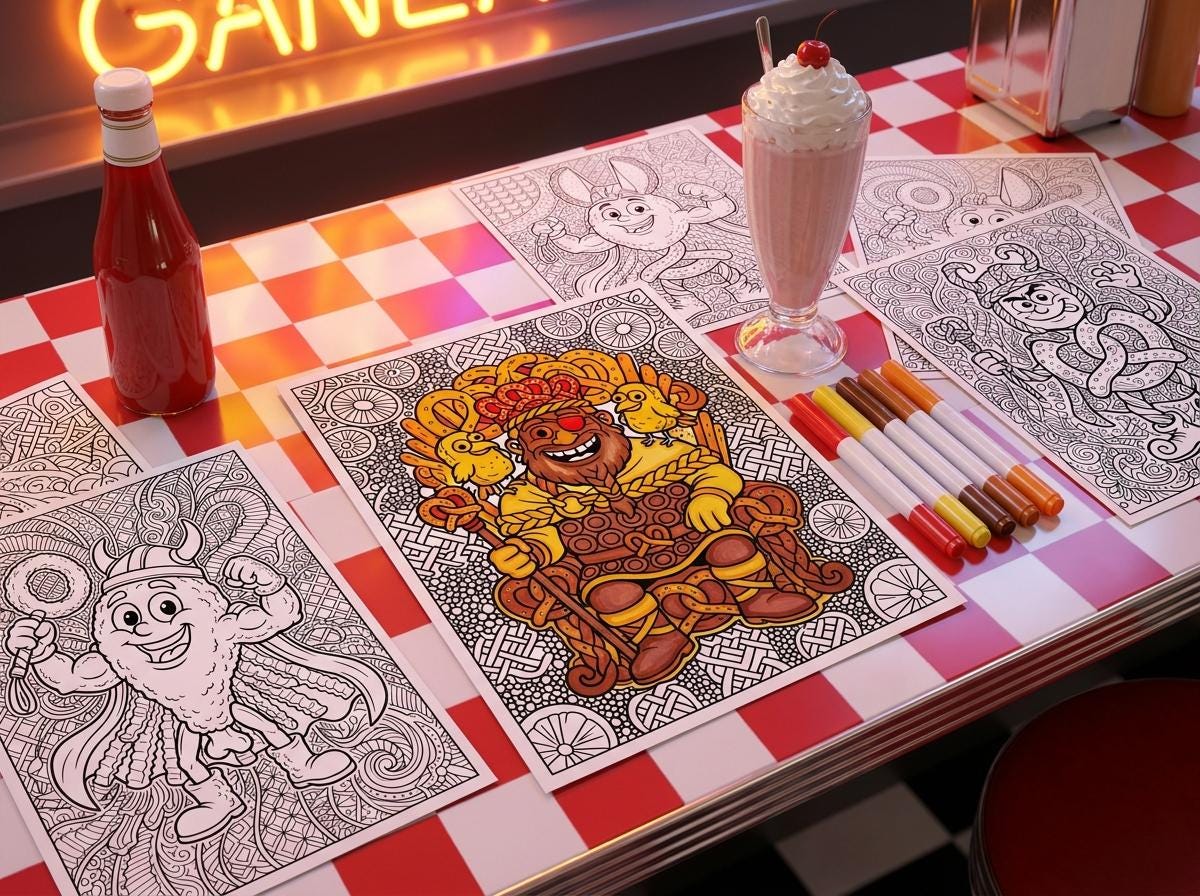 Mythical Fast Food Gods Coloring Book, Funny Adult Coloring Pages, Gods as Fast Food Novelty PDF, Digital Download