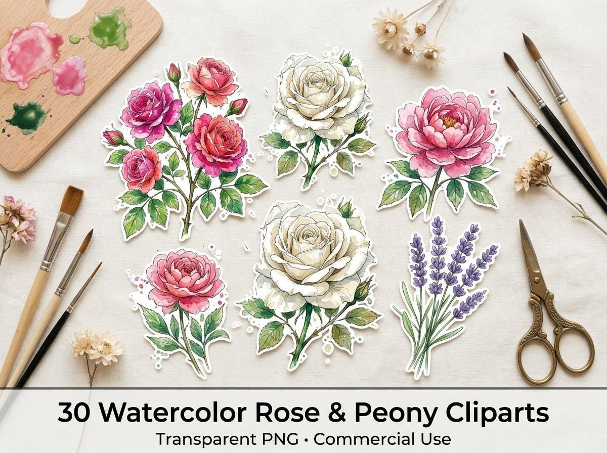 Watercolor Rose & Peony Clipart, 30 Transparent PNG, Commercial Use, Sublimation POD, Digital Download