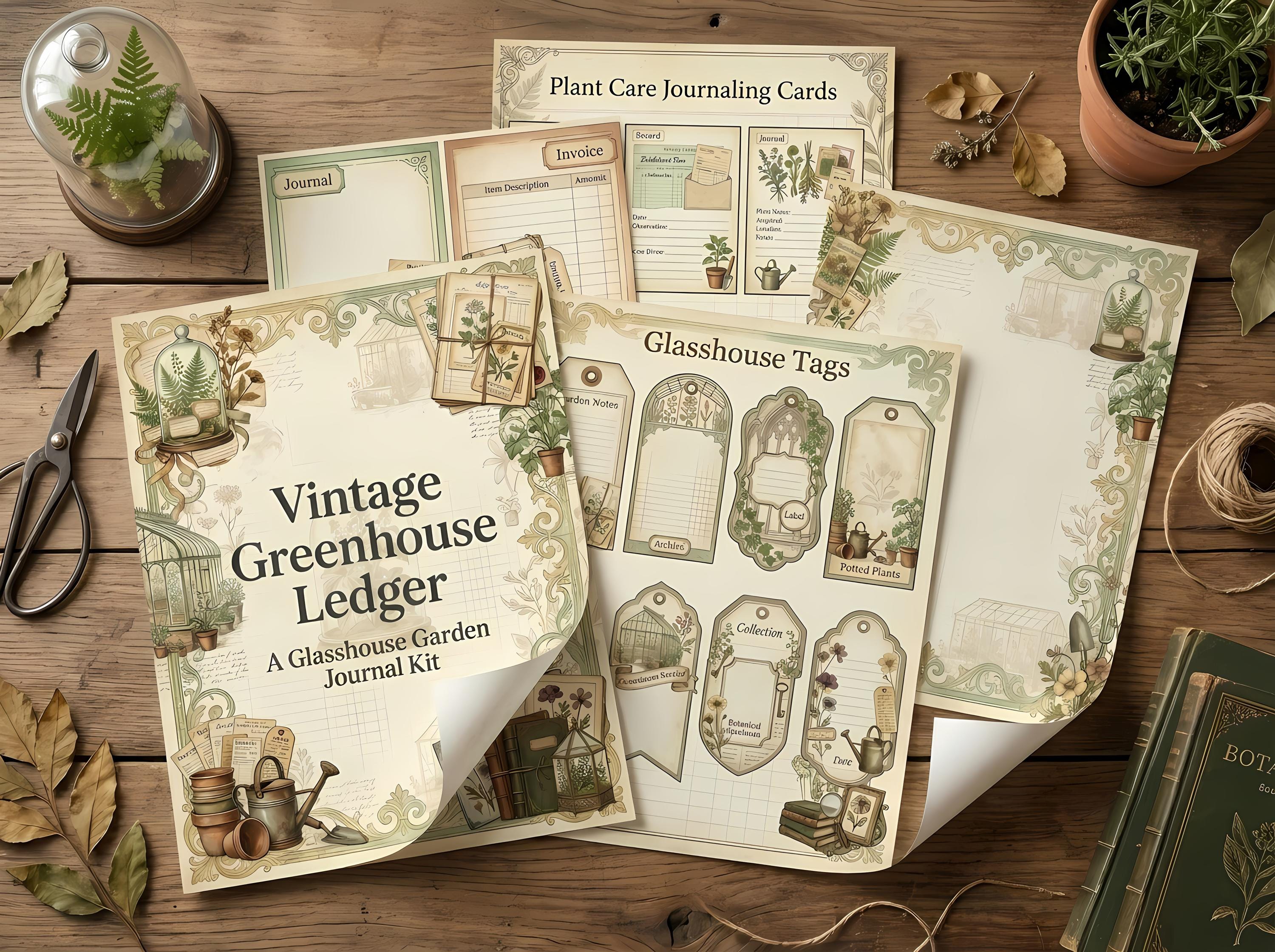 Vintage Greenhouse Ledger Junk Journal Kit, Printable Cottagecore Journal Pages, Garden Ephemera, Plant Tags, Fussy Cuts · JK-018