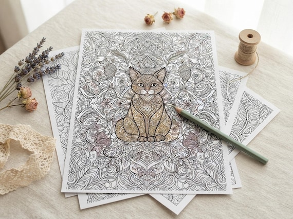 Whimsical Cats Coloring Book, Printable Adult Coloring Pages, Whimsical Decorative Cat Stress Relief PDF, Digital Download · CB-31 view 7
