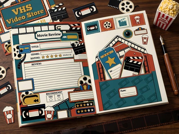 VHS Video Store Junk Journal Kit, Printable 80s 90s Retro Journal Pages, Film Strip Ephemera, Rental Label Fussy Cuts, Digital Down · JK-050 view 2