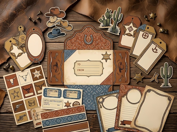 Western Cowboy Junk Journal Kit, Printable Ranch Journal Pages, Rodeo Ephemera, Wanted Poster Cards, Fussy Cuts, Digital Download · JK-052 view 3