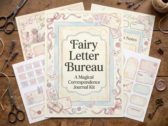 Fairy Letter Bureau Junk Journal Kit, Printable Whimsical Postal Journal Pages, Wing Stamp Ephemera, Fairy Mail Tags, Fussy Cuts · JK-028