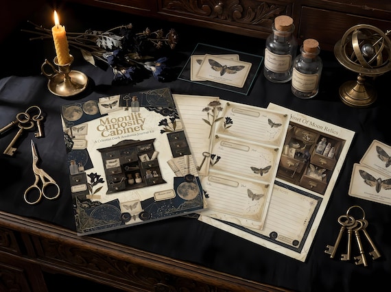 Moonlit Curiosity Cabinet Junk Journal Kit, Printable Dark Academia Journal Pages, Gothic Botanical Ephemera, Moon Phase Tags, Fuss · JK-009