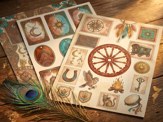 Boho Wandering Gypsy Junk Journal Kit, Printable Folk Art Journal Pages, Boho Ephemera, Travel Charm Tags, Digital Download · JK-068 view 2