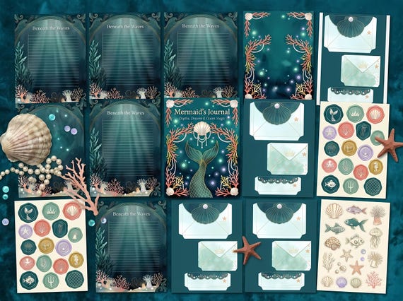 Mermaid Junk Journal Kit, Printable Ocean Fantasy Journal Pages, Under the Sea Ephemera, Pearl Shell Tags, Digital Download · JK-086 view 2