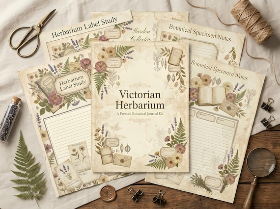 Victorian Herbarium Junk Journal Kit, Printable Botanical Journal Pages, Pressed Flower Ephemera, Herbarium Tags, Fussy Cuts · JK-014