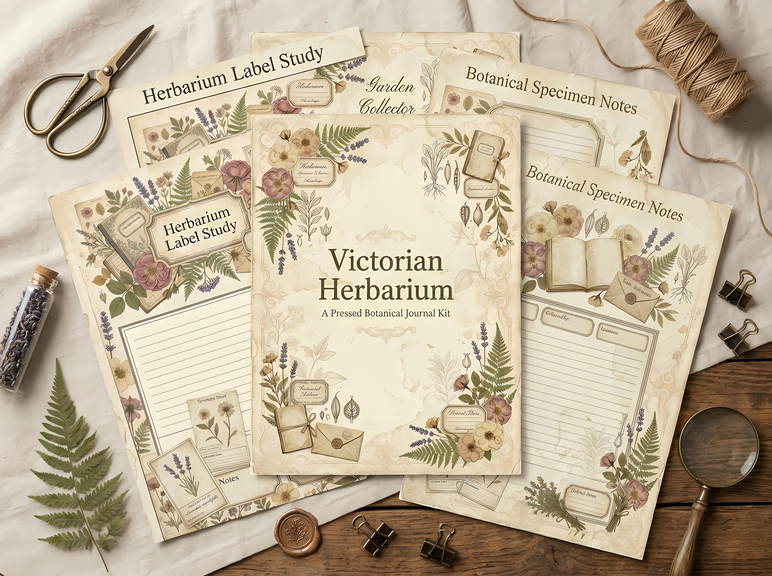 Victorian Herbarium Junk Journal Kit, Printable Botanical Journal Pages, Pressed Flower Ephemera, Herbarium Tags, Fussy Cuts · JK-014