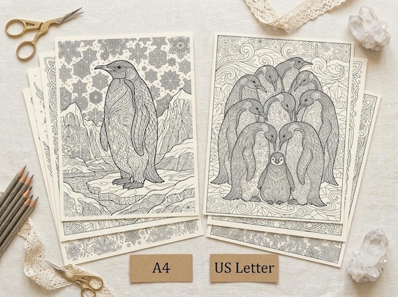Penguins & Antarctic Ice Coloring Book, Printable Adult Coloring Pages, Winter Wildlife Stress Relief PDF, Digital Download view 6