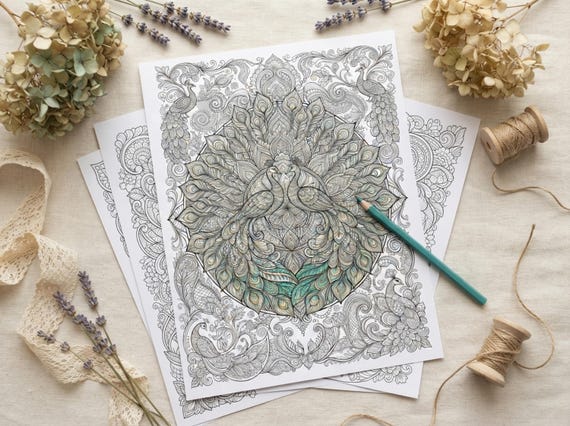 Ornate Peacocks Coloring Book, Printable Adult Coloring Pages, Ornate Peacock Stress Relief PDF, Digital Download · CB-29 view 7