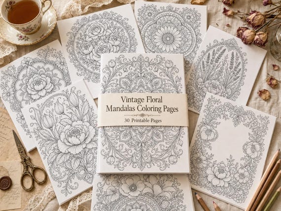 Vintage Floral Mandalas Coloring Book, Printable Adult Coloring Pages, Stress Relief Flower PDF, Digital Download · CB-06