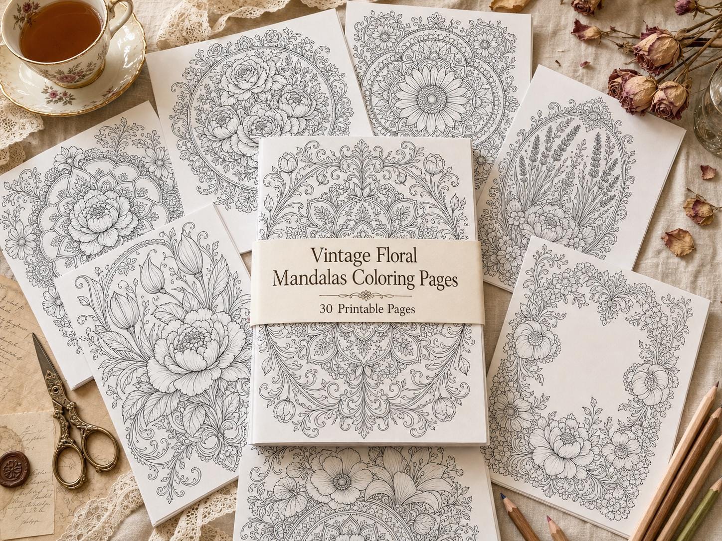 Vintage Floral Mandalas Coloring Book, Printable Adult Coloring Pages, Stress Relief Flower PDF, Digital Download · CB-06